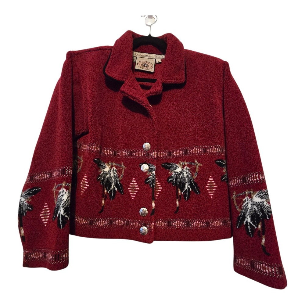 Vtg 90s County Clothing Sherpa Fleece Jacket Womens‎ LG Red Southwest Feathers